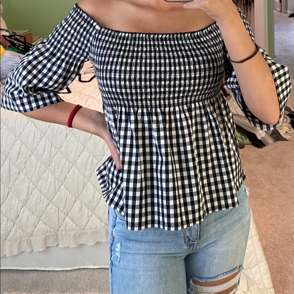 Black and white plaid off the shoulder top
